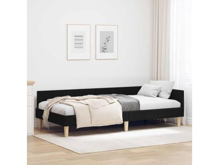 Stoff Eckbettrahmen L-Form Schwarz 100 x 200 cm Multifunktional als Tagesbett, Wendbares Kopfteil, Sperrholz Konstruktion, Robust für kleine Räume