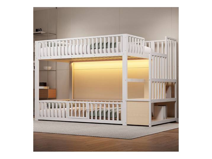 Ulife Etagenbett Etagenbett mit Stauraumleiter und LED, Metallrahmen, 90x200 cm, Farbe Weiß, Metall+MDF, inkl. LED