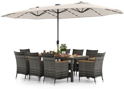Costway 11 Pieces Patio Dining Set with 15 Feet Double-Sided Patio Umbrella Base Included-Beige