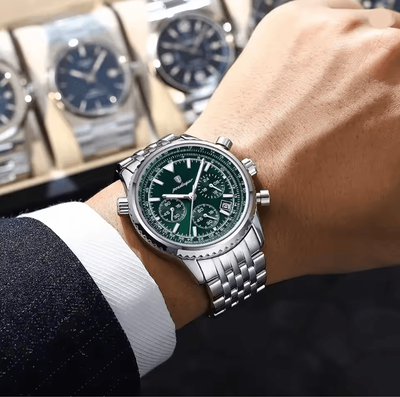 Inspire Essentials POEDAGAR Luxury Mens Chronograph Watch Stainless Steel Waterproof Design silver