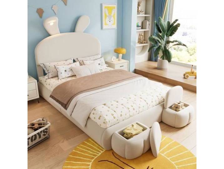Lit double 140x200cm - Velours beige - Bande lumineuse réglable - 2 bancs de rangement - Contemporain