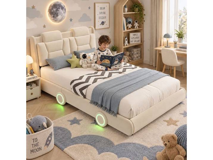lit voiture enfant 140x200 cm - Lit rembourré double avec roues LED - tête ajustable - flanelle crème - Beige