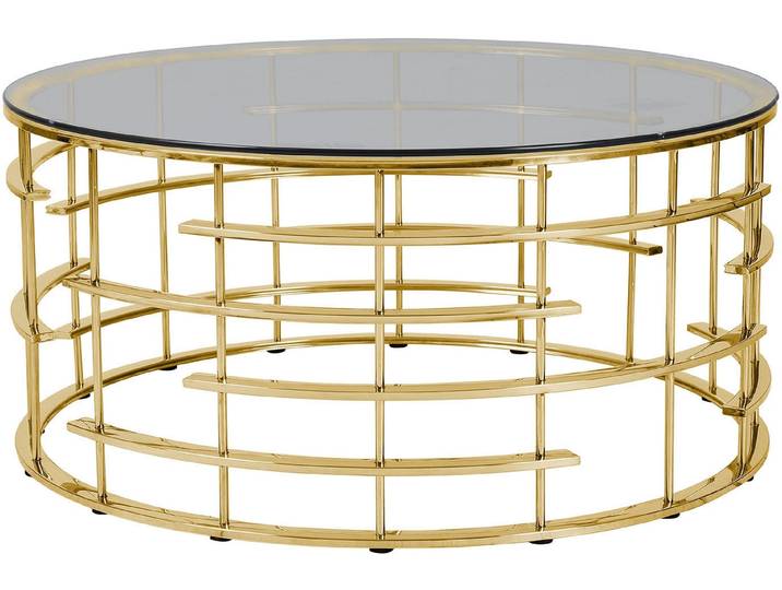 Couchtisch SALESFEVER Glastisch: Stil und Funktionalität Wohnzimmertisch , gold (gold, grau, gold, grau), B:90cm H:42cm T:90cm, Metall, Sicherheitsglas, Tische, Couchtisch, Gestell gefertigt aus rostfreiem Edelstahl