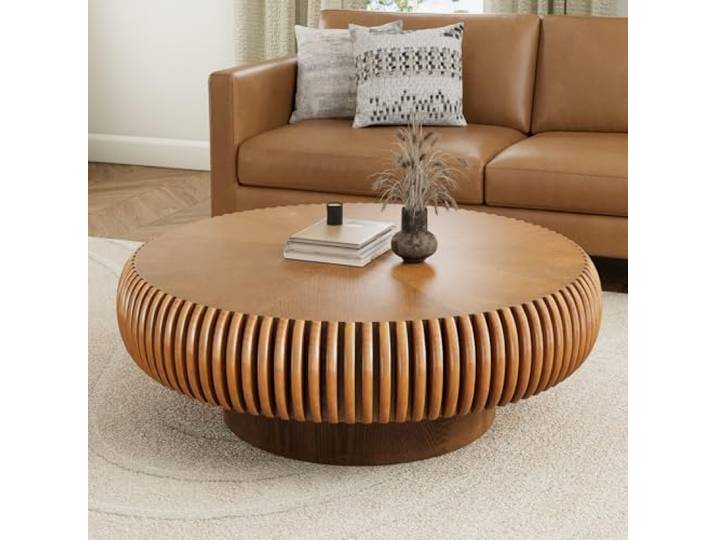 JHKZUDG Runder, Geriffelter Couchtisch 100 cm Aus Holz, Braun,39.37inch Moderner Runder Akzenttisch Im Mid-Century-Stil, Ideal Für Wohnzimmer, Kleine Räume Und Wohnungen, Einfache Montage