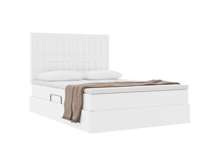 KTHLBRH Boxspringbett Reinweiß 140 x 190 cm Kunstleder Hydraulisches Heben, Unterbettraum, Metallrahmen, Kopfteil im Lieferumfang enthalten