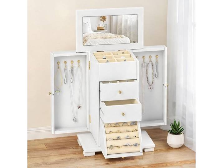 Organiseur à bijoux blanc en bois d'ingénierie 4 niveaux avec miroir et 2 tiroirs style classique