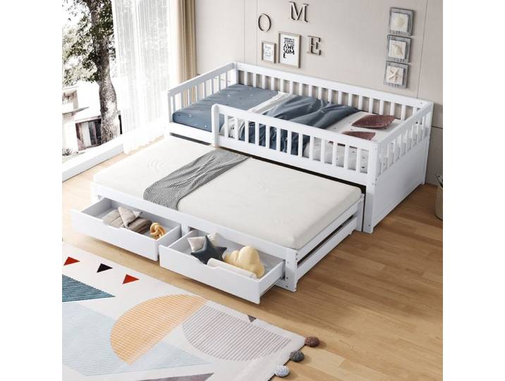 Canapé-lit - TRUXEN8 - Bois massif - Lit extensible - 2 tiroirs - Blanc