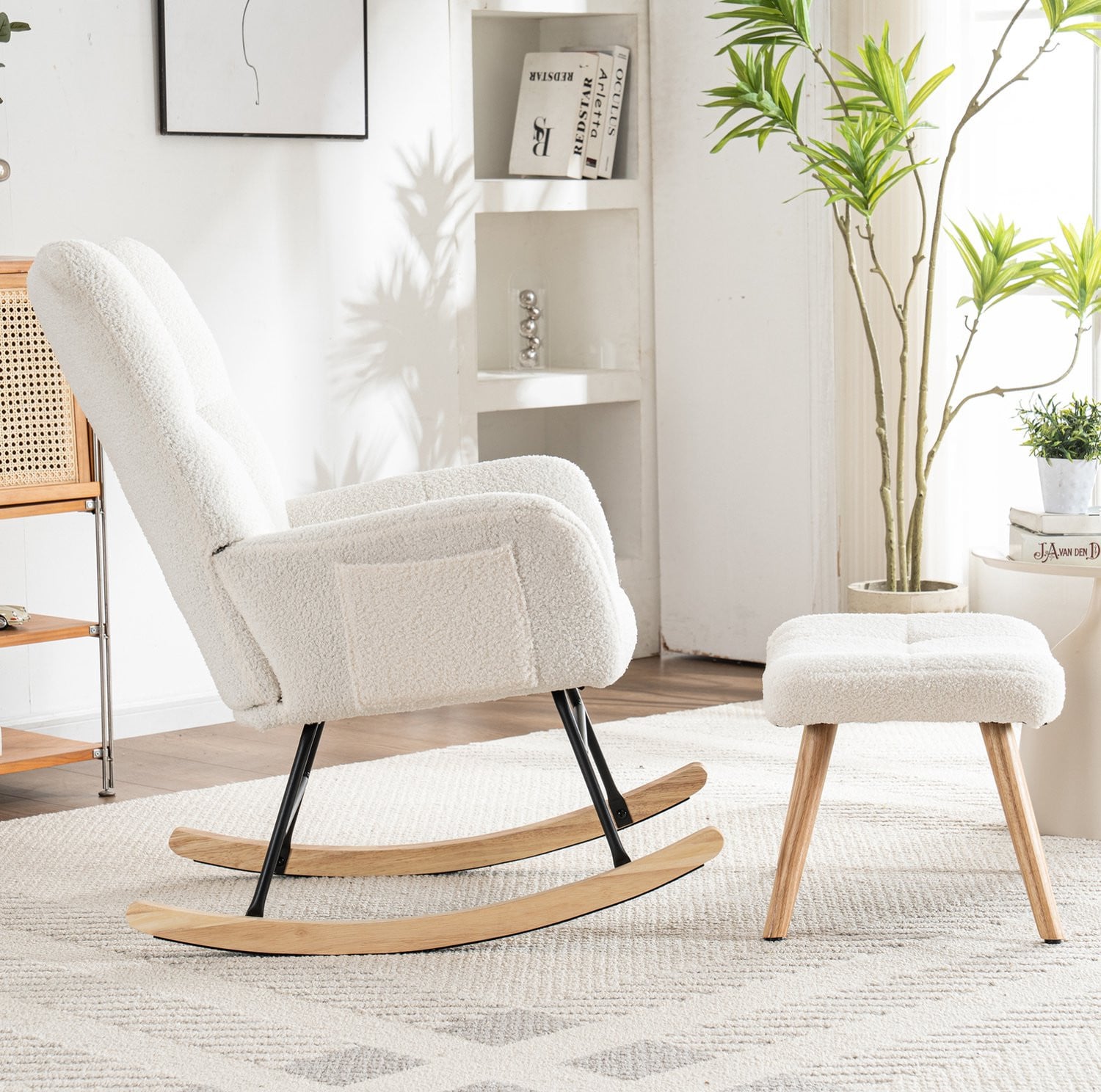 CHICFURN Schommelstoel met hocker en houten frame - Wit