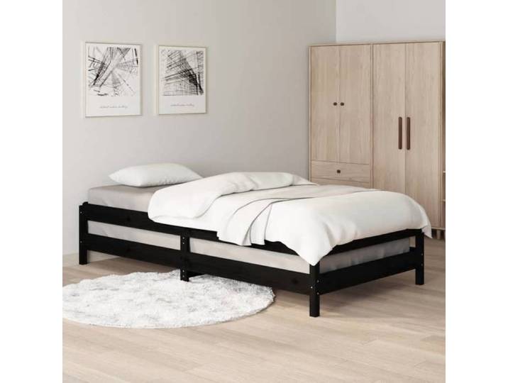 Lit simple empilable en bois - MEUBLECHIC - 90x200 cm - Bois de pin massif - Noir - Empilable - Design intemporel
