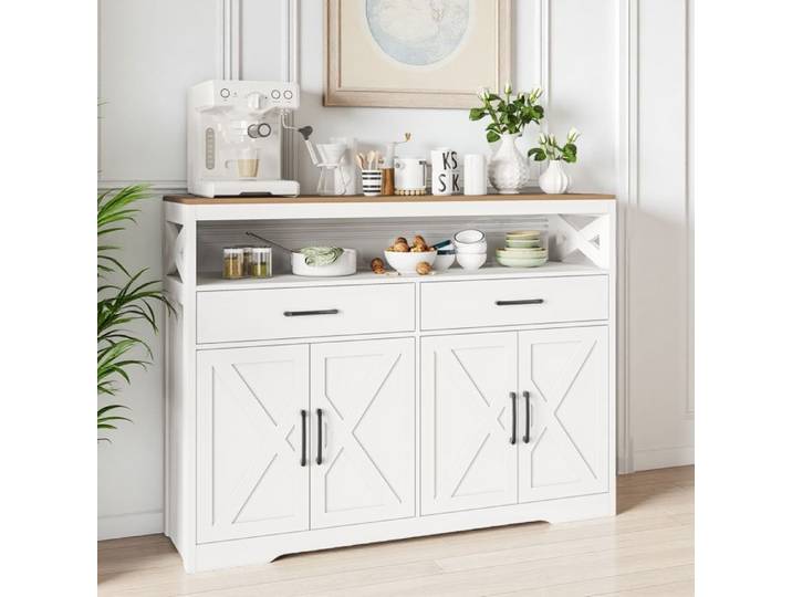 Buffet Meuble Cuisine Blanc Meuble de Rangement Buffet de Cuisine Rangement 2 tiroirs et 4 Portes Buffet 140×40×105cm Blanc