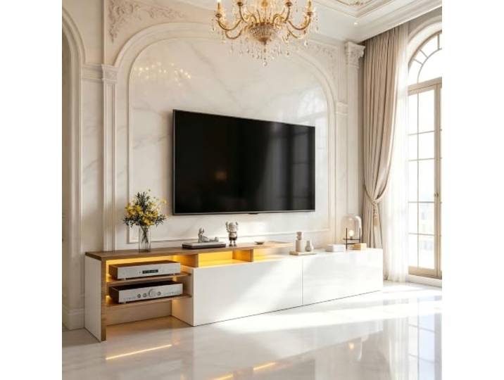 VILUXE TV-Schrank 170 cm, Fernsehtisch Mit LED, Glasböden Und Teil-Hochglanz, TV Lowboard Weiß Holzoptik Für Wohnzimmer