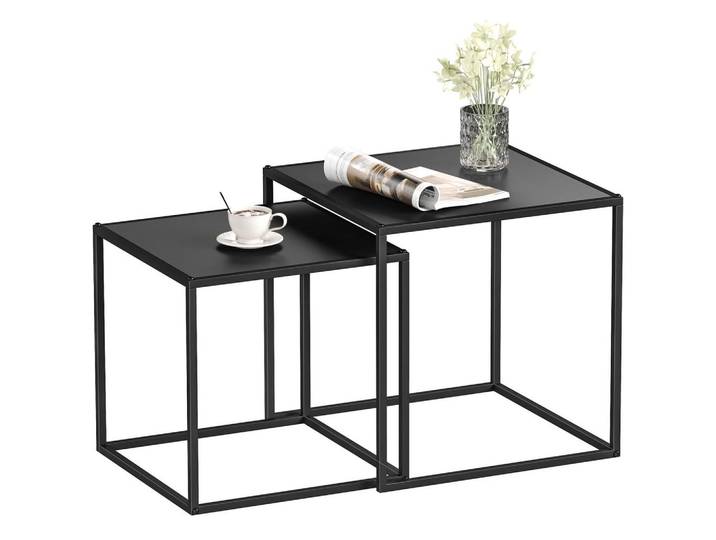 Homcom 2Er-Set Couchtisch Beistelltisch für Wohnzimmer aus Stahlgestell Schwarz, Metall, Quadratisch, eckig, 40x40x40 cm, Wohnzimmer, Wohnzimmertische, Couchtische