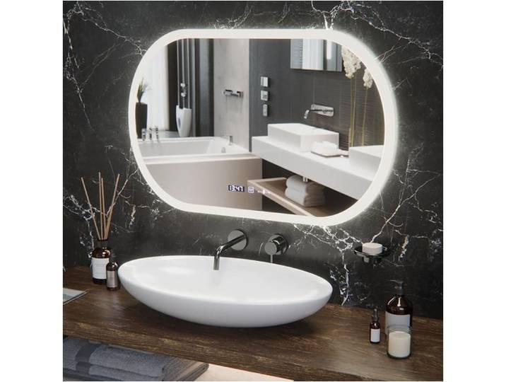 Miroir de Salle de Bain Alessandro Design Ovale 80x50 Desembuage Horloge et Thermometre Gradable