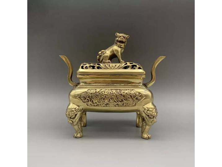 Brûleur d'encens sculpté en laiton Antique chinois brûleur d'encens Lion de la dynastie Ming