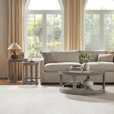 Modern 2-Piece Round Curved Wooden Center Coffee Table Set with 2-Tiered Design and Wheels by GDFStudio