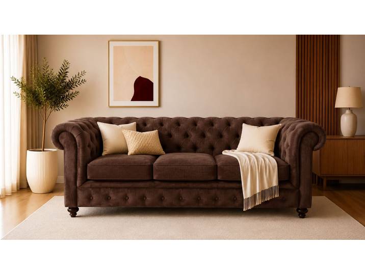 Chesterfield-Sofa, Luxus-Microfaser, Braun, 198×89×74 cm, Knopfheftung, Klassisch, Home-affaire