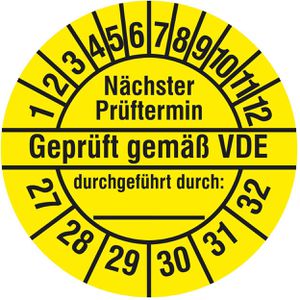 Böttcher-AG Prüfplaketten Nächste Prüftermin geprüft gem. VDE, 2027-2032, gelb, Ø 30 mm, 1.000 Stück