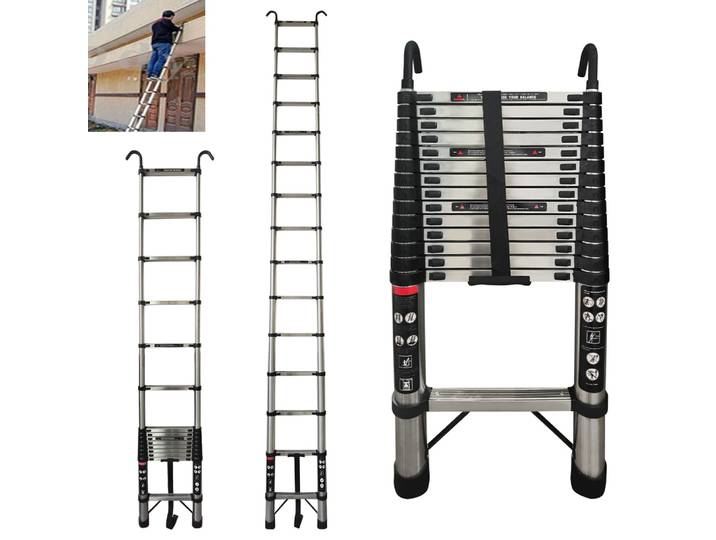 Échelle télescopique compacte portable en acier inoxydable avec crochets, échelle polyvalente, pliante, la plus récente, RapDuty, 4.4m, 14,5 pieds