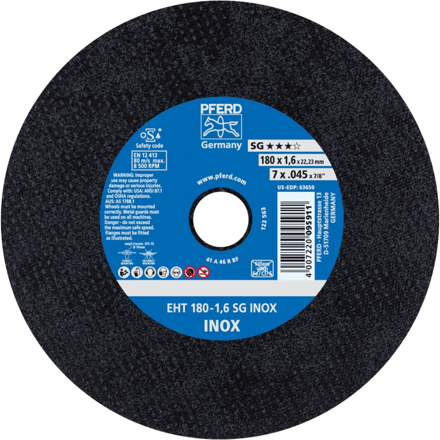 PFERD TOOLS Trennscheibe EHT 180x1,6x22,23 mm gerade Leistungslinie SG INOX für Edelstahl (61326124)