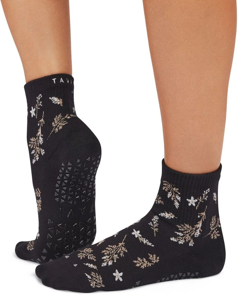 TAVI Calzini Antiscivolo Altezza per Barra, Pilates e Yoga. Nero Floral Medium (39-42,5)