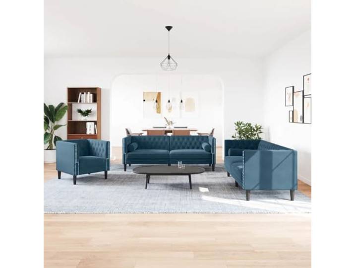 HEFZGDB 3-TLG. Chesterfield-Sofa-Set mit Nackenrollen Blau Samt, Polstermöbel für Wohnzimmer mit Tufting-Details, weicher Veloursstoff und stabile Konstruktion