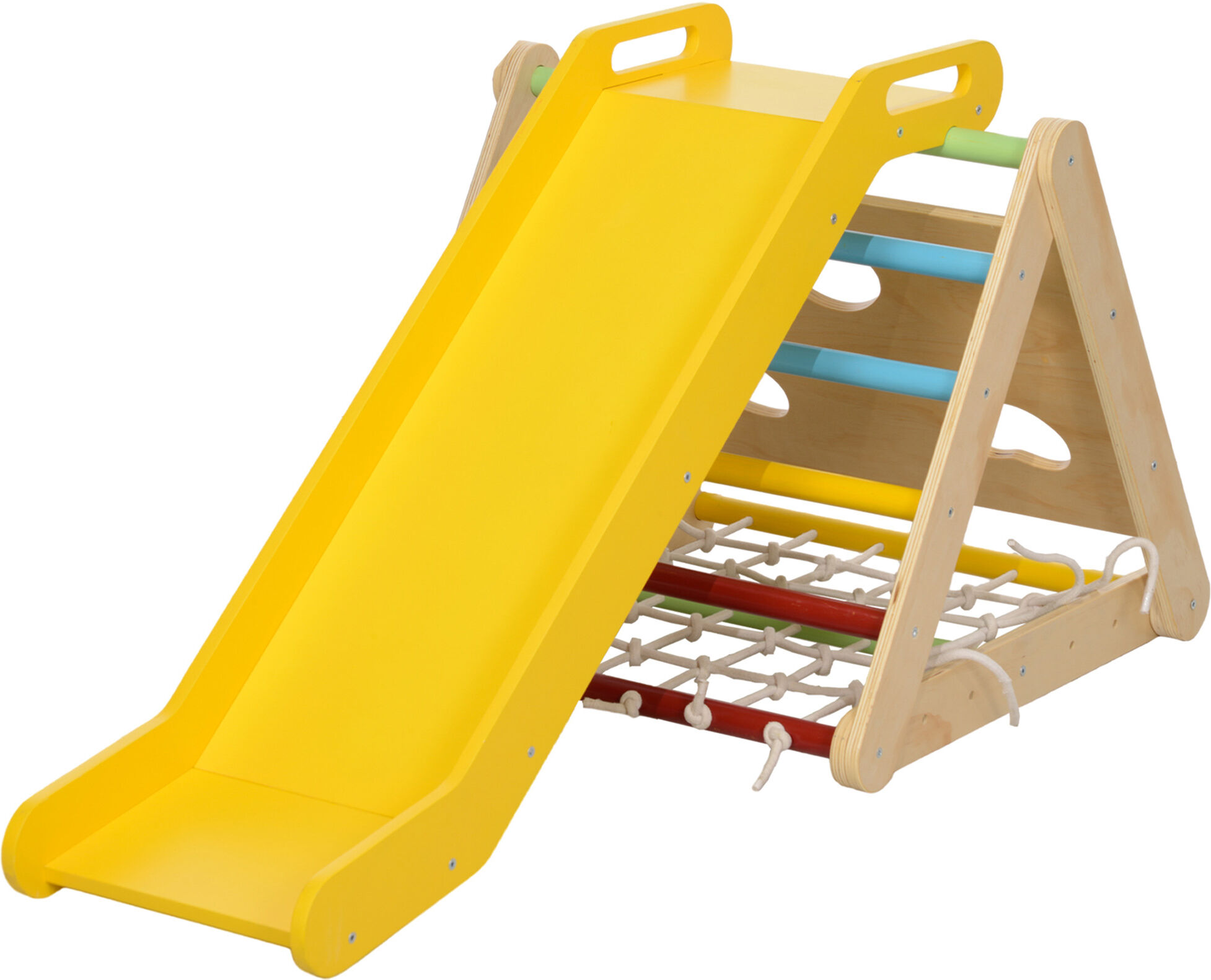 Aiyaplay Gioco Arrampicata Bambini con Triangolo Montessori 5 in 1 con Corda, Scivolo e Sacchi, in Legno, 119x63x61 cm   Aosom Italy