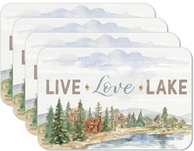 CounterArt Rustic Lake 4 Pack Reversible Easy Care Flexible Plastic Placemats Made in The USA BPA Free PVC Free Easily Wipes Clean
