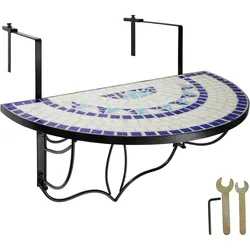 tectake Balkontisch zum Einhängen mit Mosaikmuster klappbar 75x65x62cm  Weiß/Blau