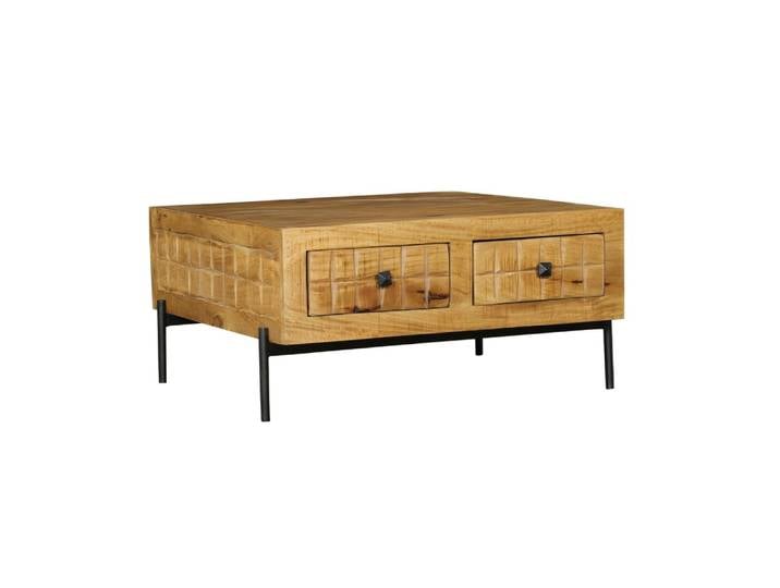 Table basse carrée en bois 4 tiroirs décor damier