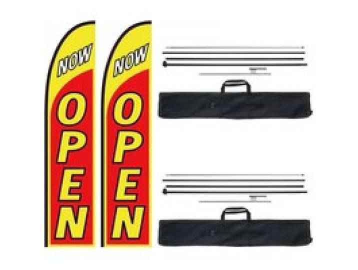 VEVOR Offene Flaggen mit Mastsatz, Werbeflaggen für Unternehmen im Außenbereich, Werbe-Federflaggensatz, inkl. 2 Bannerflaggen, 2 Masten, 2 Bodenpfählen, Open Sign Swooper-Flaggen für Unternehmen 5 m