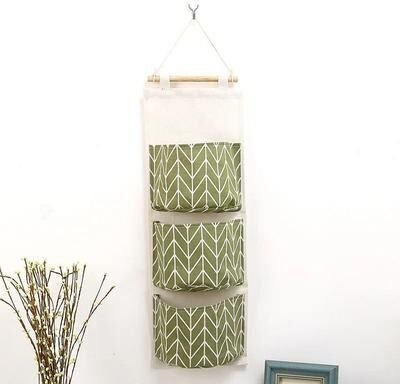 Uplift Essentials 3 Pocket Hanging Wall Storage Organizer Cotton Linen Door And Wall Bag For Home green