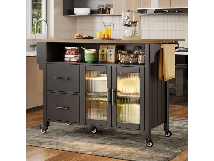 Desserte de Cuisine - Noir - Vitrine LED - Porte-serviettes - Rangement Intelligent