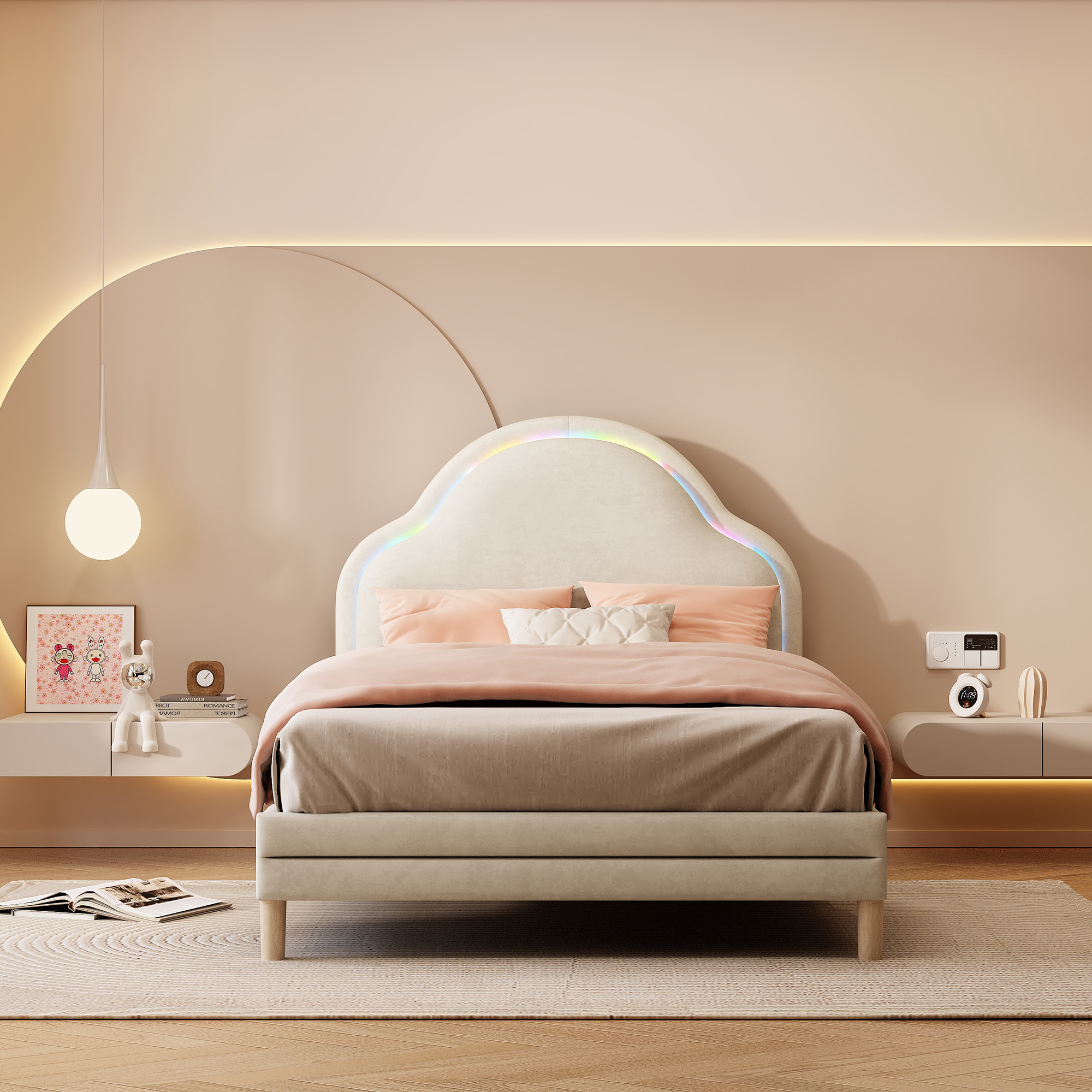STILVORA Polsterbett 90x200cm mit Matratze, Kinderbett mit Holzlatten, mit mehrfarbigen, wechselnden LED-Streifen, mit einem einzigartigen wolkigen Kopfteil-Design, Samt, Beige