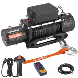 VEVOR Elektrische Seilwinde, 6100 kg, 12 V DC Elektrowinde mit 26 m Synthetikseil, kabellose & kabelgebundene Fernbedienung, IP55, zum Abschleppen von Geländewagen, Jeeps, Anhängern &Booten