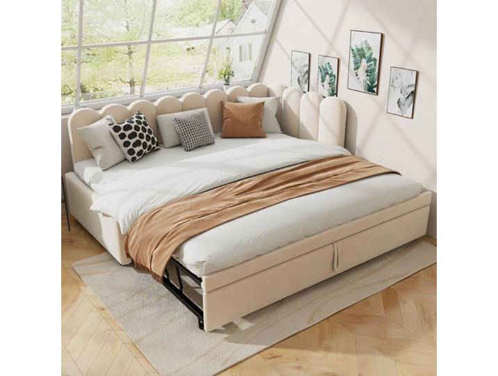Canapé-lit d'angle en velours beige 90x200 extensible en 180x200 avec tiroir