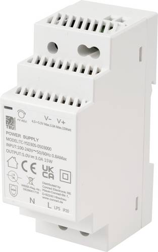 TRU COMPONENTS TC-13713368 Hutschienen-Netzteil (DIN-Rail) Verbrauch (StandBy) 0.3W 5 V/DC 3A 15W Anzahl Ausgänge:1 x Inhalt 1St.