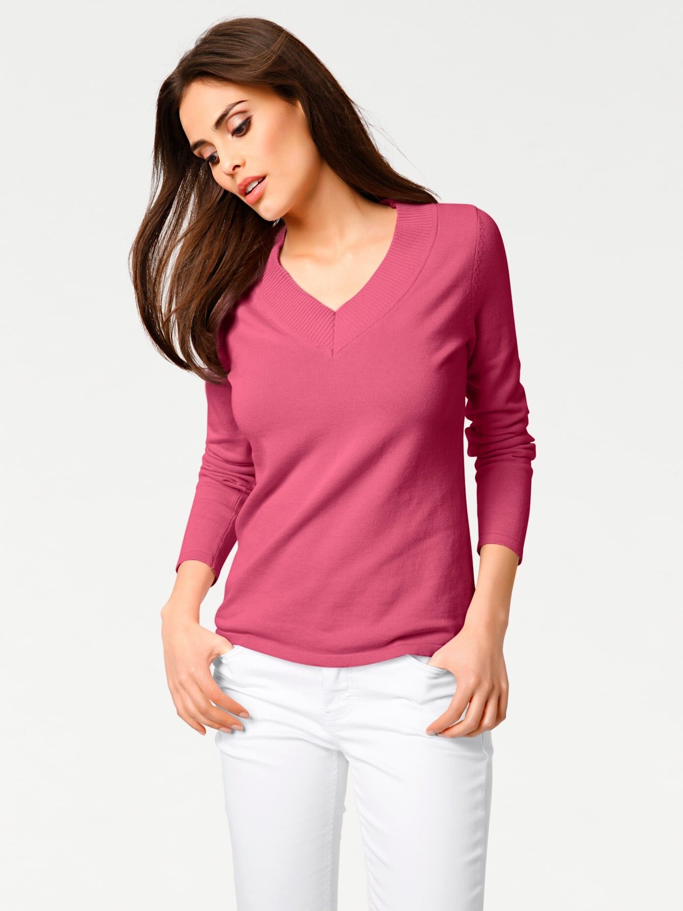 Strickpullover "V-Pullover", Damen, Gr. 34, pink, 100% Baumwolle, RICK CARDONA BY HEINE, unifarben, Pullover Strickpullover pink 34