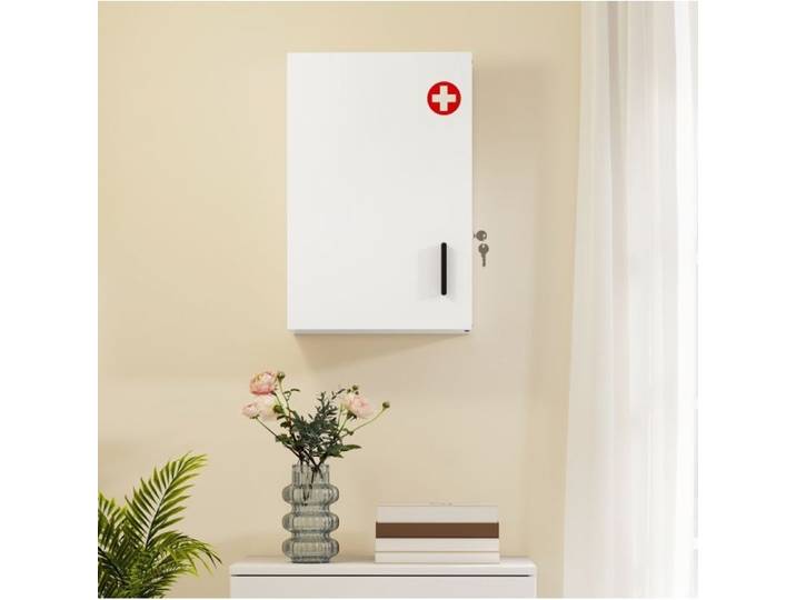 Armoire à pharmacie murale verrouillable en acier blanc – 6 compartiments 2 clés