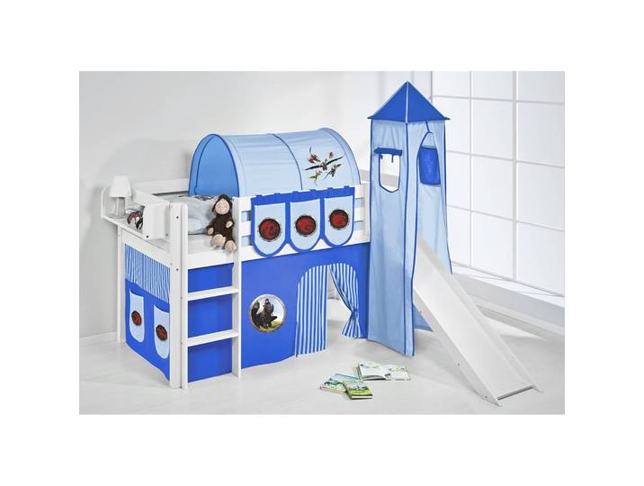 Lit mezzanine Dragons 90 x 200cm Blanc/Bleu Avec toboggan et tour
