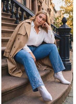 Plus Size Women's Embellished Flared Jean by Avenue in Medium Wash Embellishment (Size 24)