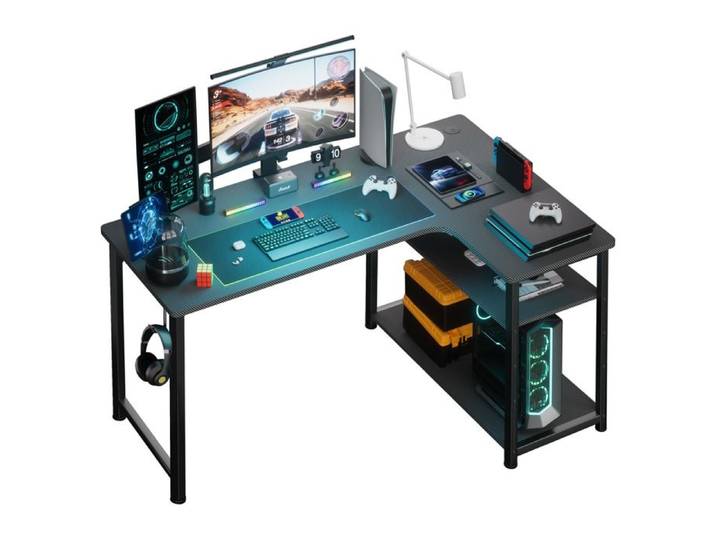 Bureau Gaming - Bureau d'Angle COMHOMA - Noir - 100x70cm - Étagères de Rangement