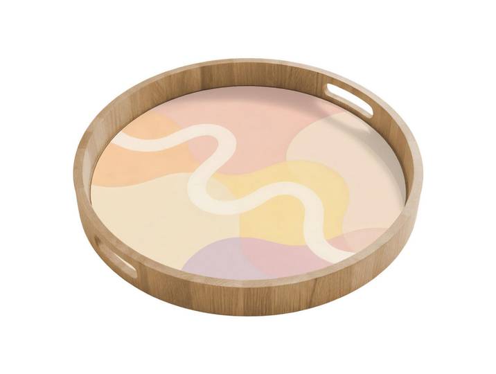 OnlyWow Tablett - Gewellte Formen - Abstrakt - Pastell - 50x50 cm, Beige, Holz, Echtholz,Eiche, Rund, 50x5x5 cm, Geschirr, Tischkultur & Serviergeschirr, Tabletts