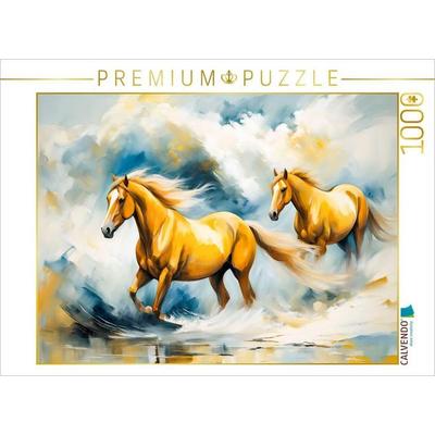 CALVENDO Puzzle Zwei Braune Pferde im Wellentanz | 1000 Teile Lege-Größe 64x48cm Foto-Puzzle für glückliche Stunden