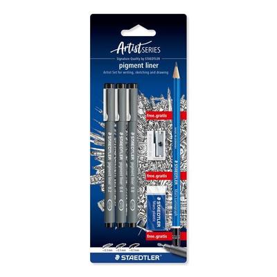 STAEDTLER pigment liner 308 Fineliner, 3er Set (0.3, 0.5, 0.7), 1 Radierer + 1 Spitzer, 308 SBK3P