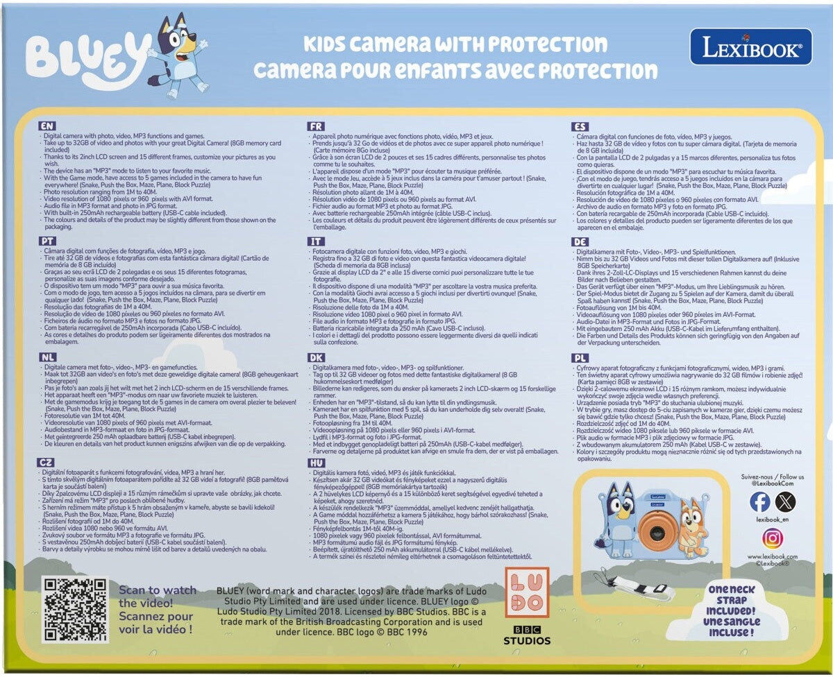 Lexibook Bluey 4-in-1 Kids Digital Camera with Protective Case for Children, 2-inch LCD Screen, 15 Bluey-Themed Frames, 8GB Micro SD Card, Rechargeable Battery