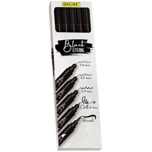 Online Fineliner Black Lettering Set, 19114, schwarz, Strichbreite 0,3 mm - 2 mm + Brush Pen, wasserfest, 5 Stück