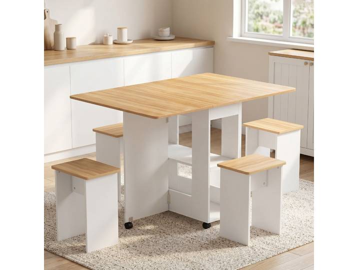 HOMCOM Ensemble Table Pliante Chêne 4 Chaises Salle à Manger Roulettes