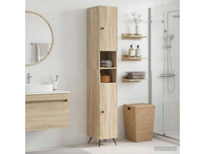 Badezimmerschrank mit offenem Regal BREDA Sonoma-Eiche Holzwerkstoff Feuchtigkeitsbeständig, 90°-Pendeltür beidseitig montierbar, Wandbefestigungsgerät, Montage zu zweit