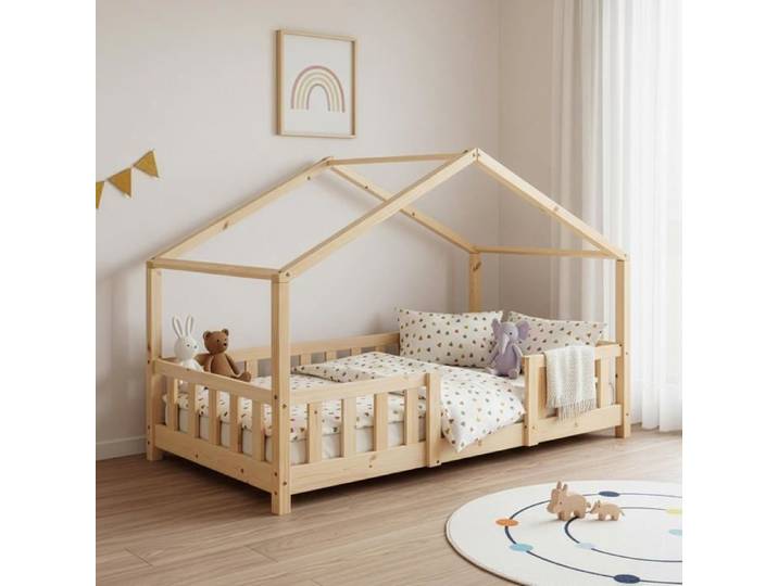 Lit Cabane Enfant 70x140 cm - Lit Montessori Maison en Pin - Lit Scandinave avec Barrière et Sommier à Lattes - Charge 70 kg