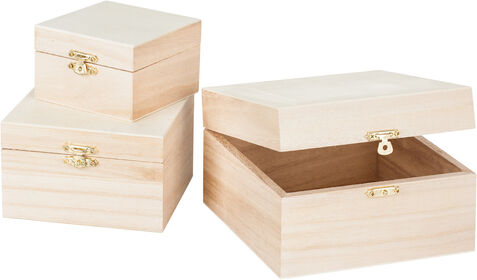 Schatullen aus Holz, 15 x 15 x 9 cm, 12 x 12 x 7,5 cm und 9 x 9 x 6 cm, 3 Stück
